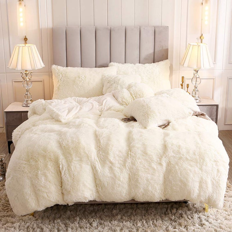 Uhamho Faux Fur Velvet Fluffy Bedding Duvet Cover Set Down Comforter Quilt Cover with Pillow Shams, Ultra Soft Warm (King, Cream) - Image 1